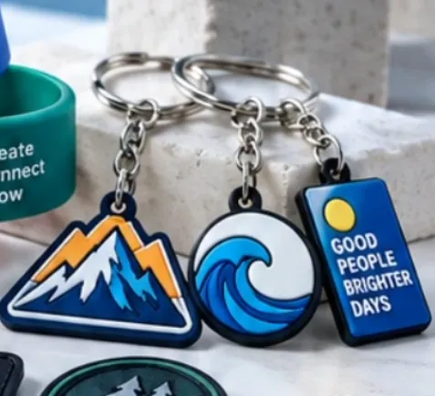 Flat-relief mountain, wave and message keychain design concepts