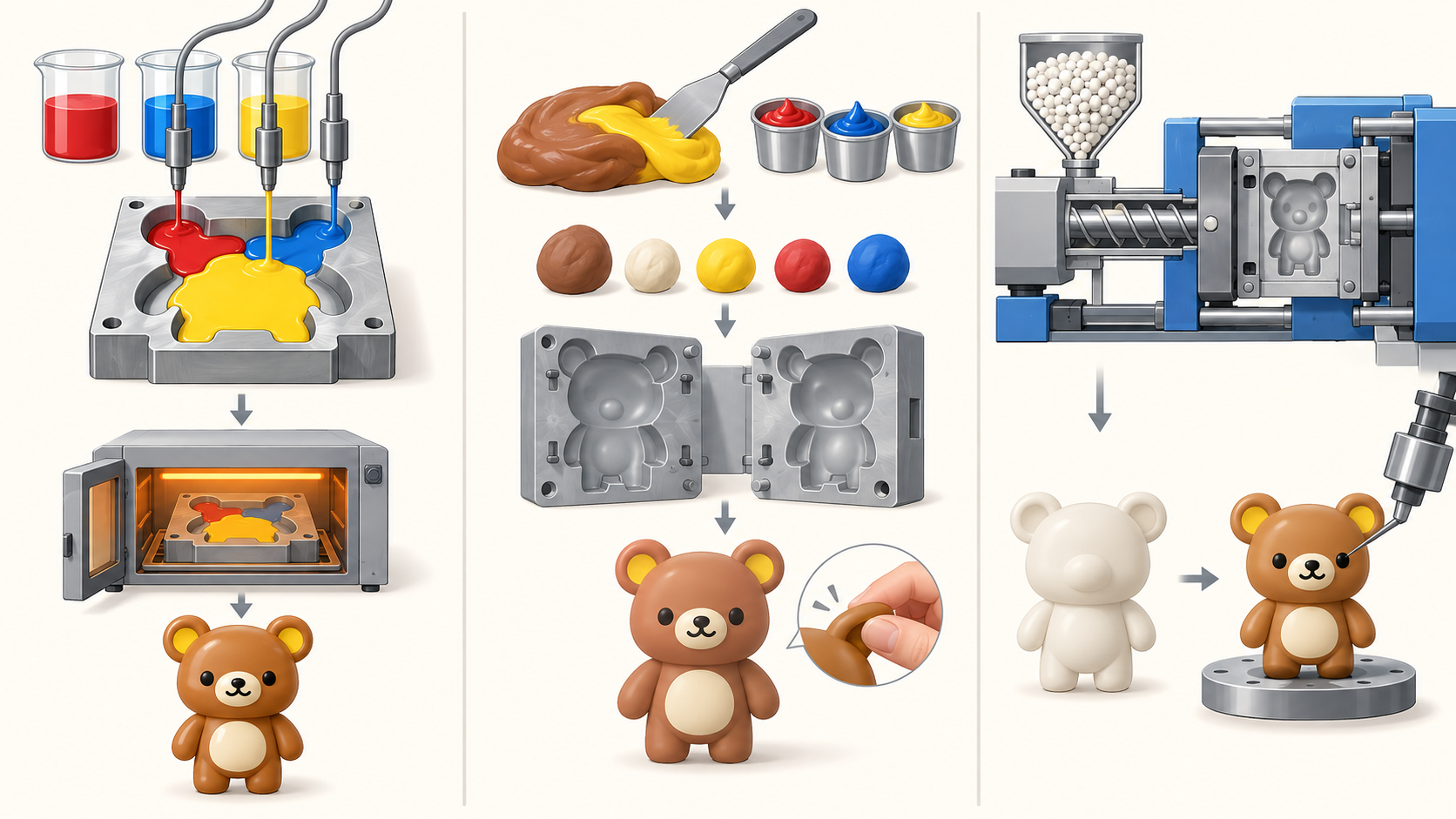 Illustration comparing soft PVC dispensing, silicone molding and PVC injection