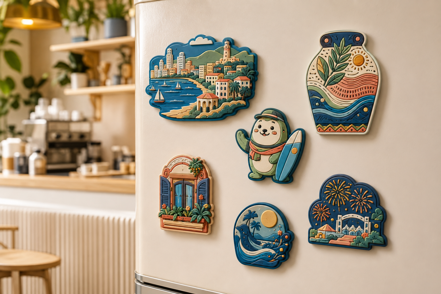 A collectible set of original custom cultural souvenir magnets displayed in an everyday lifestyle setting.