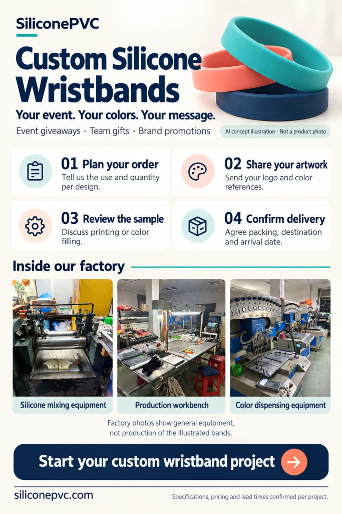 Custom silicone wristband planning poster with an AI concept illustration and factory photos of mixing, workbench and color dispensing equipment