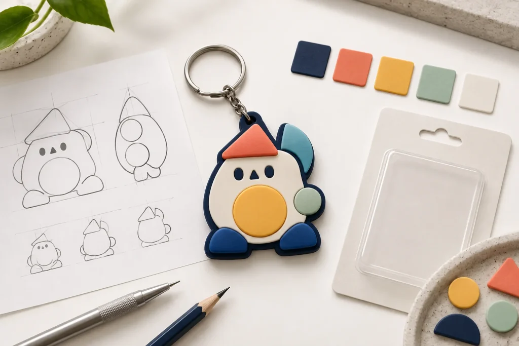 AI illustration of an original soft PVC keychain concept, artwork sheet, colour swatches and packaging