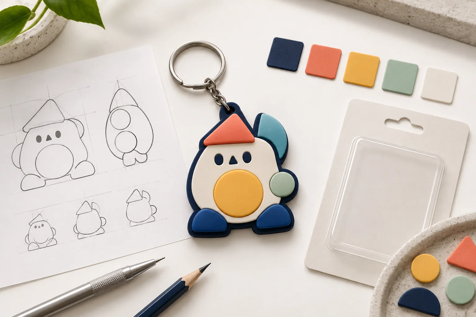 Original illustrative soft PVC keychain concept with artwork sheet, colour swatches and packaging mock-up