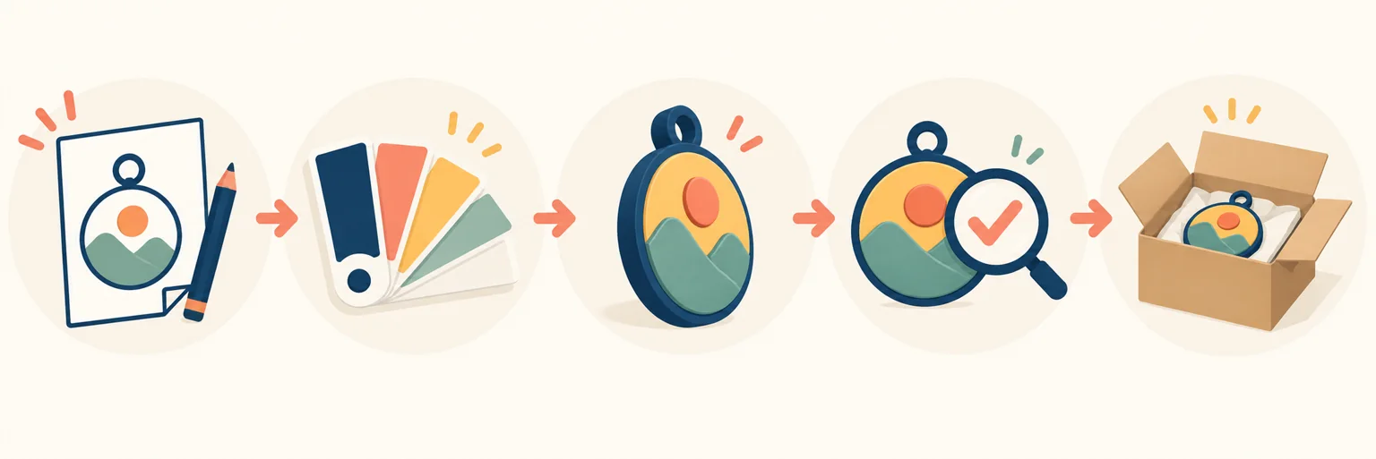 Illustrated workflow from artwork and colours through raised-relief review, sample inspection and packaging