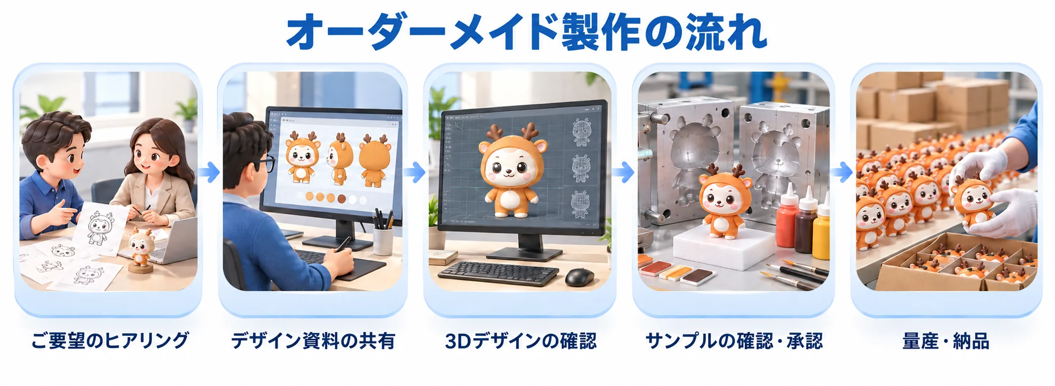 相談、図案の共有、3Dデザイン、試作品確認、量産と納品の五つの工程を示すイラスト
