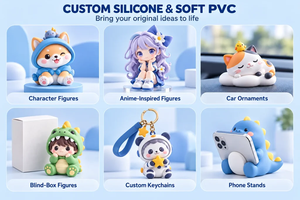 Original character figures, car ornament, blind-box figure, keychain and phone stand as custom silicone and soft PVC product examples