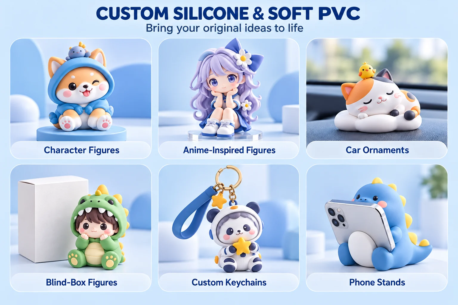 Illustrated examples of custom silicone and soft PVC figures, ornaments, keychains and phone stands