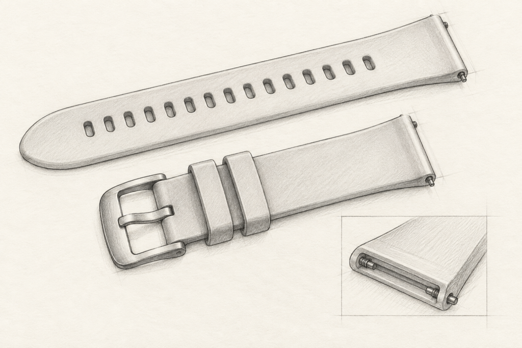 AI pencil concept sketch of a two-piece silicone watch strap and attachment detail
