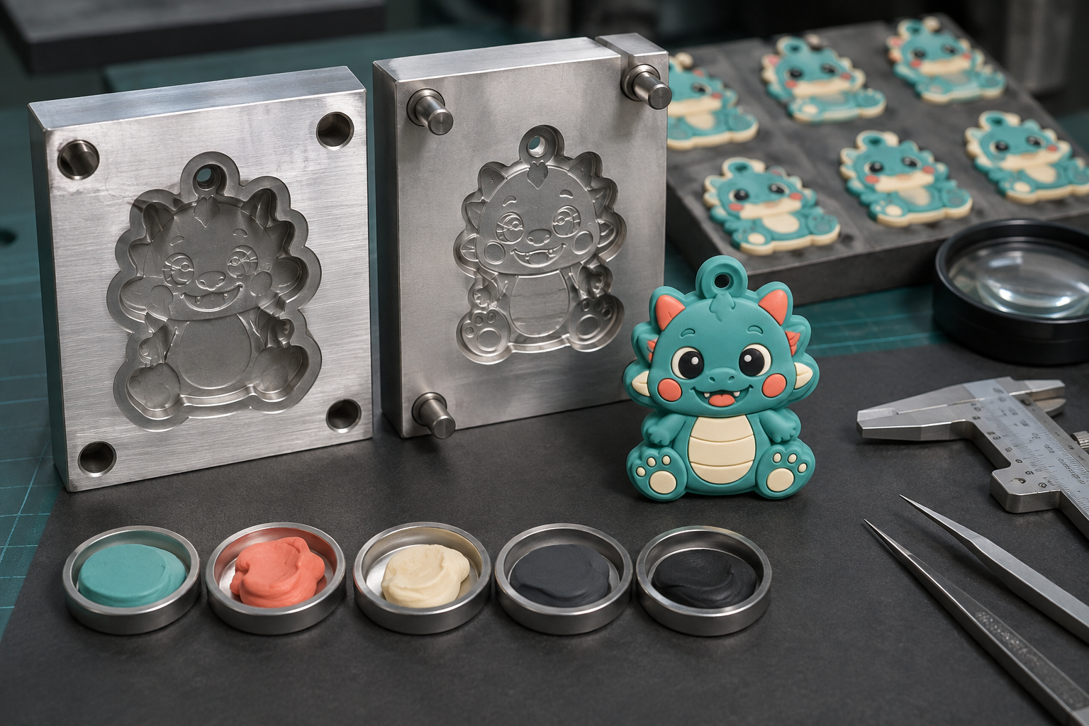 An illustrative soft PVC sampling setup with a precision mold, color samples and a finished mascot piece.
