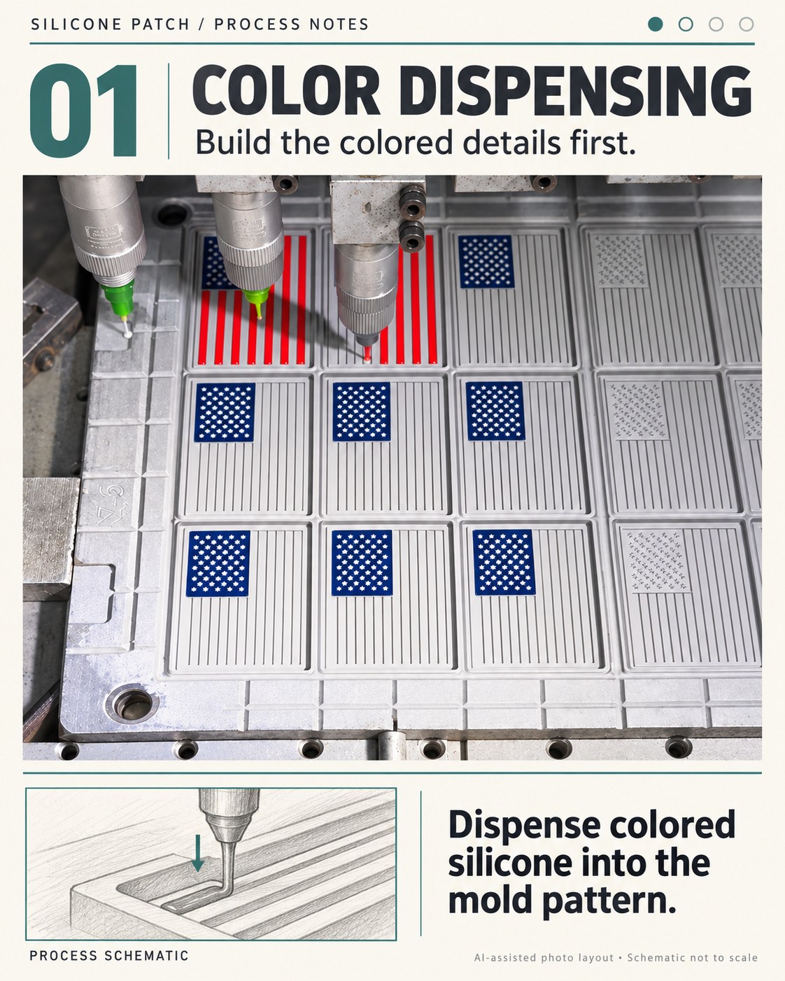 Step 01: COLOR DISPENSING. Dispense colored silicone into the mold pattern.