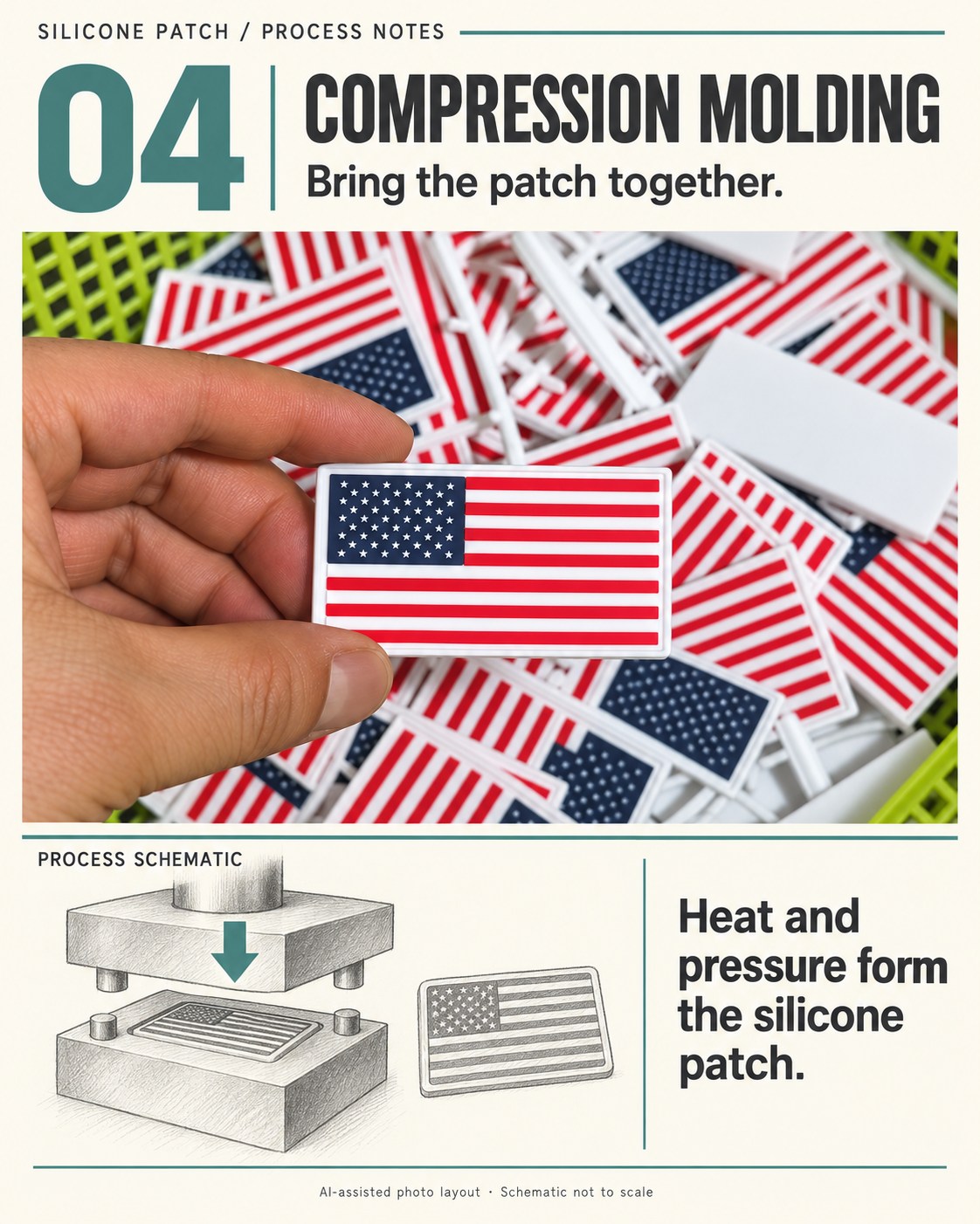 Step 04: COMPRESSION MOLDING. Heat and pressure form the silicone patch.