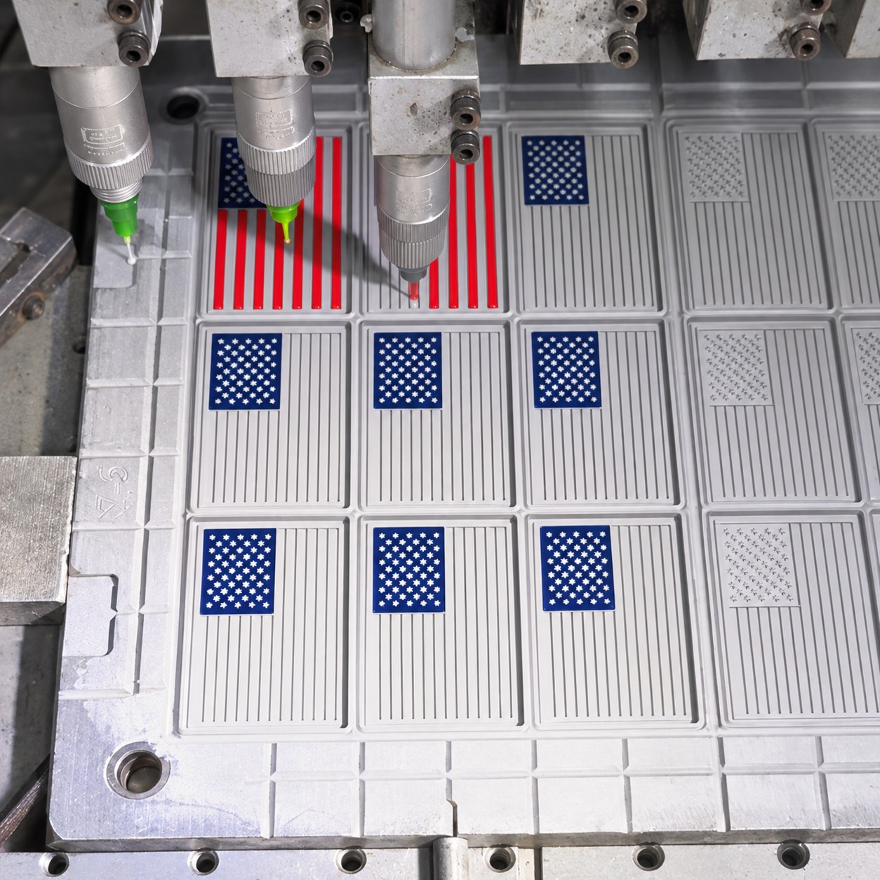 Color dispensing into a multi-cavity silicone patch mold.