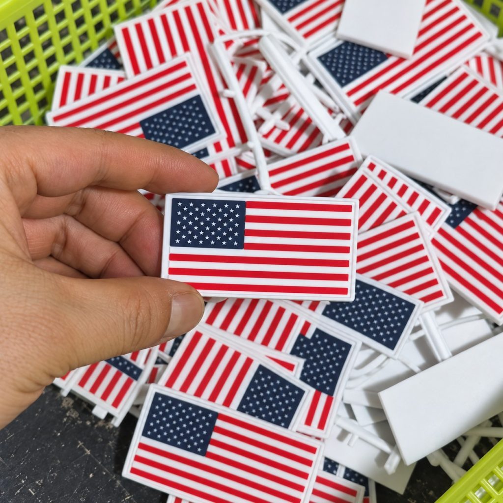 Silicone flag patches after compression molding — AI-assisted workshop image
